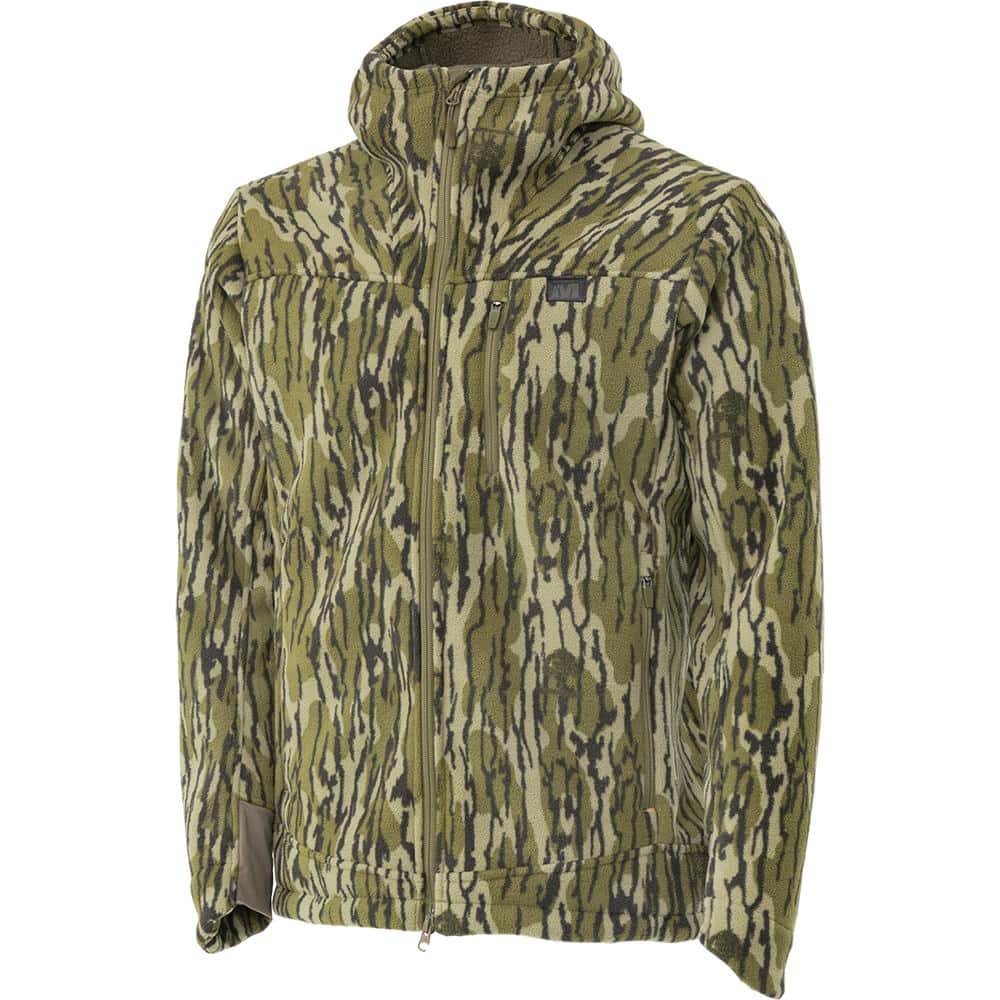 Muddy DV8 Morph hooded fleece jacket in Mossy Oak Bottomland camo with a full-length zipper, front view