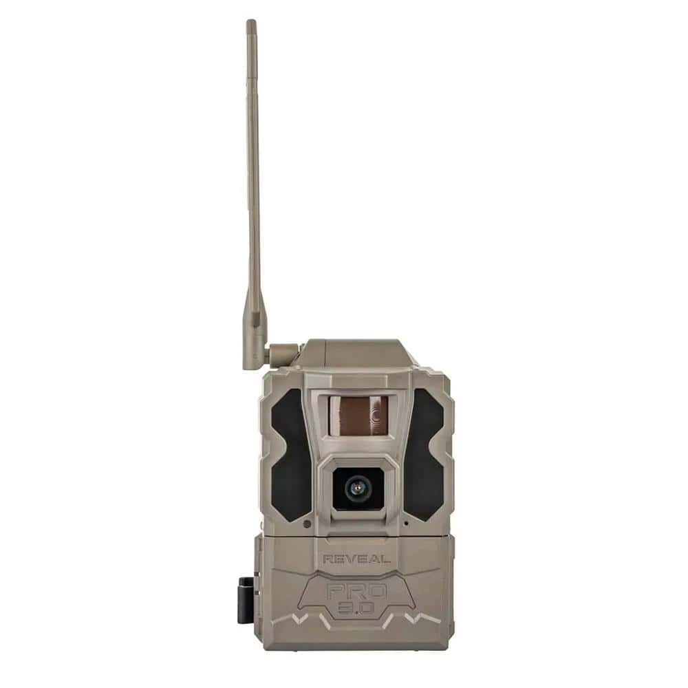 Tactacam Reveal X-Pro 3.0 cellular trail camera in tan with its antenna raised, front view