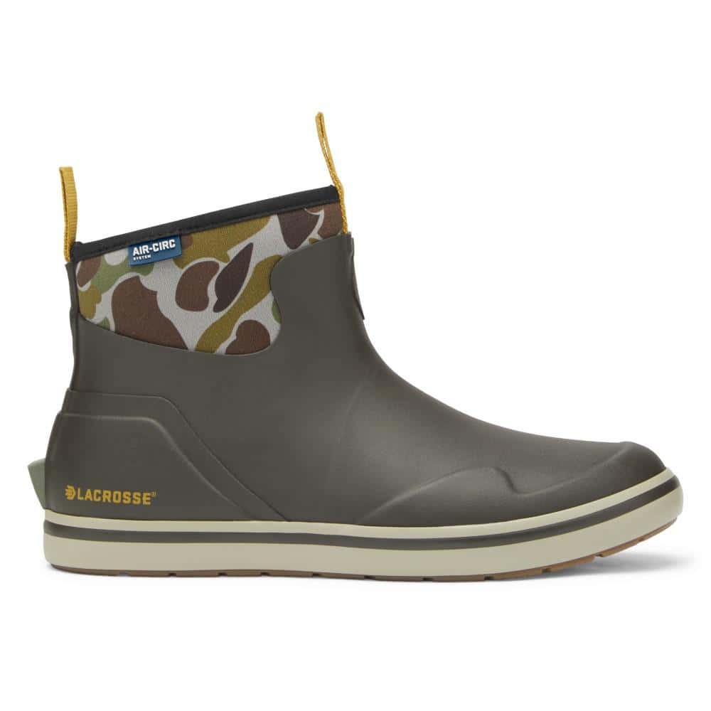 LaCrosse Alpha Deck 6 inch rubber boot in olive with a camo collar, side view