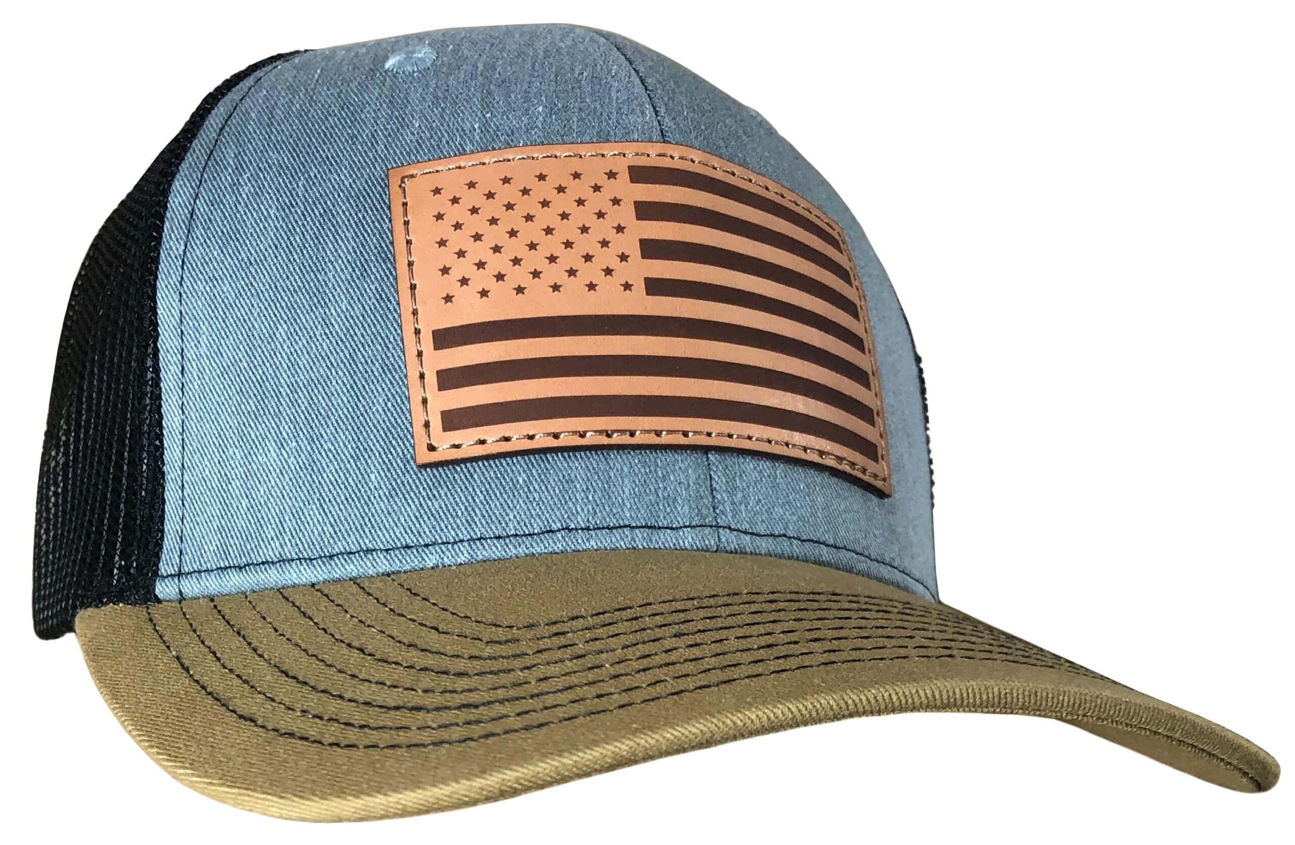 Outdoor Cap Heathered Grey/Blk/ Old Gold Trucker w/USA Flag Leather Patch
