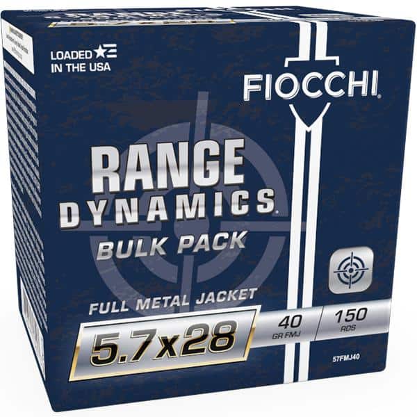 Fiocchi Range Dynamics Handgun Ammunition 5.7x28 FN 40gr FMJ 1700 fps 150/ct