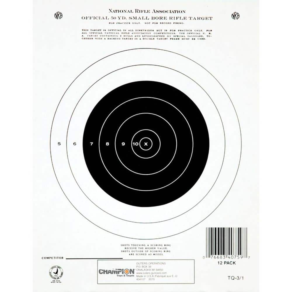 Champion Official NRA Paper Targets GTQ-3/1 50 yd Small Bore Rifle Single Bull 12/ct