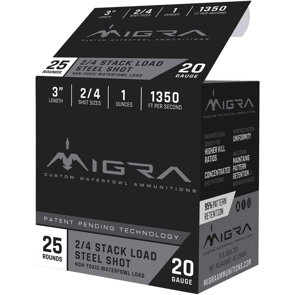 Migra Waterfowl Steel Shot Shotshell 20 ga 3" 1 oz 1350 fps #2 #4 25/ct
