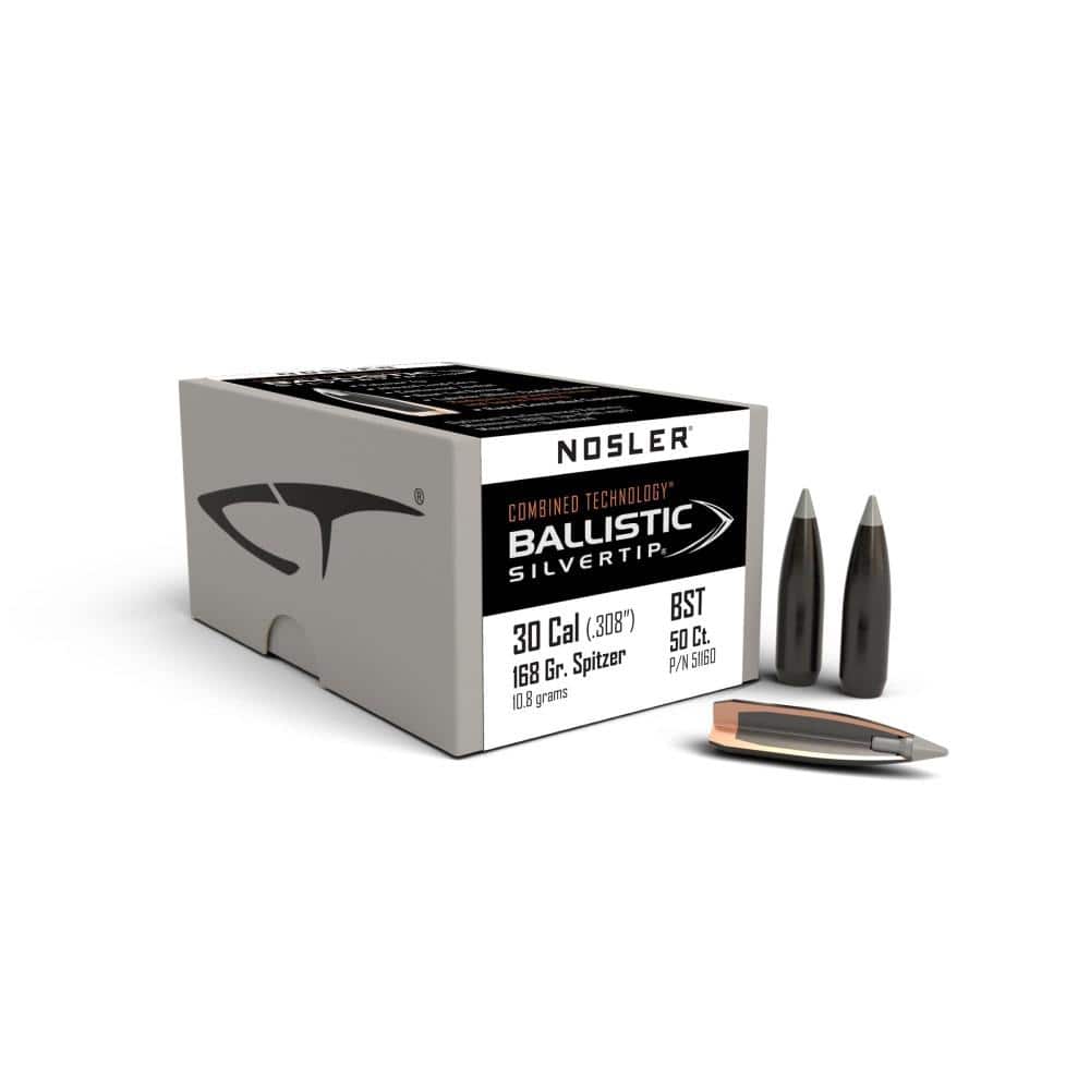Nosler Ballistic SilverTip Hunting Rifle Bullets .30 cal .308"168 gr SBT-BSTIP 50/ct