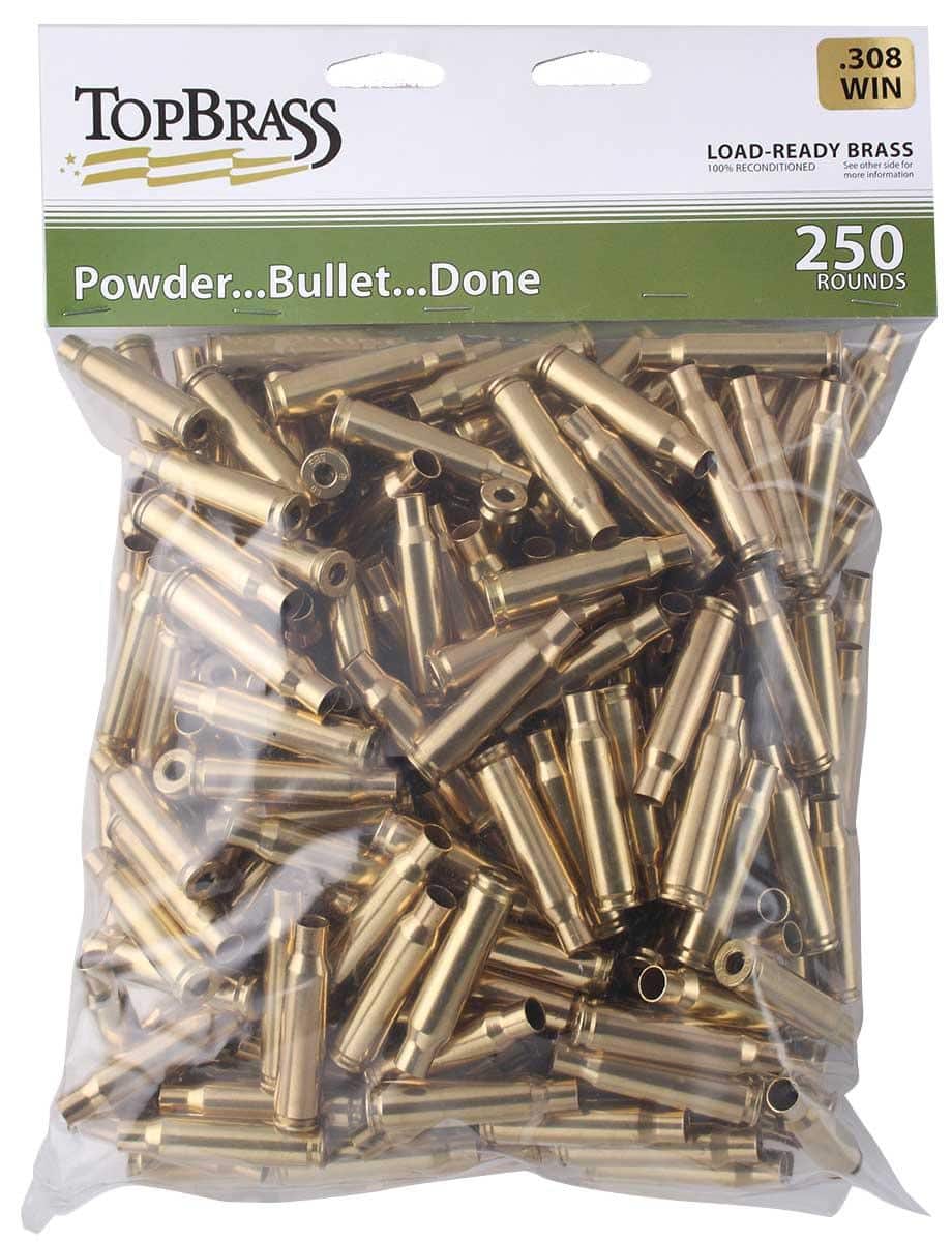 Top Brass Unprimed Remanufactured Rifle Brass .308 Win Bagged Header Card Grade A+ 250/ct