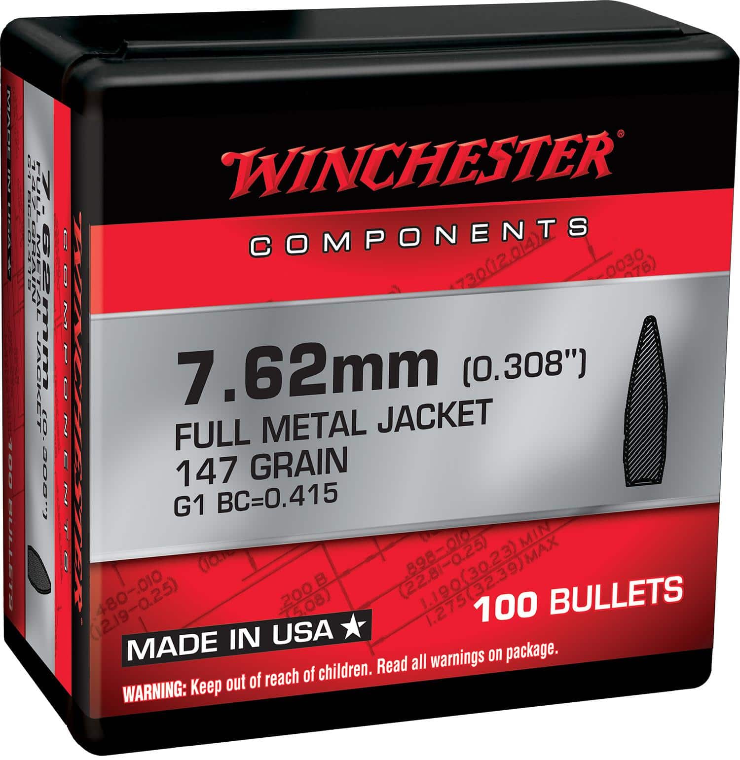 Winchester FMJBT Bullets 7.62mm .308" 147gr 100/ct