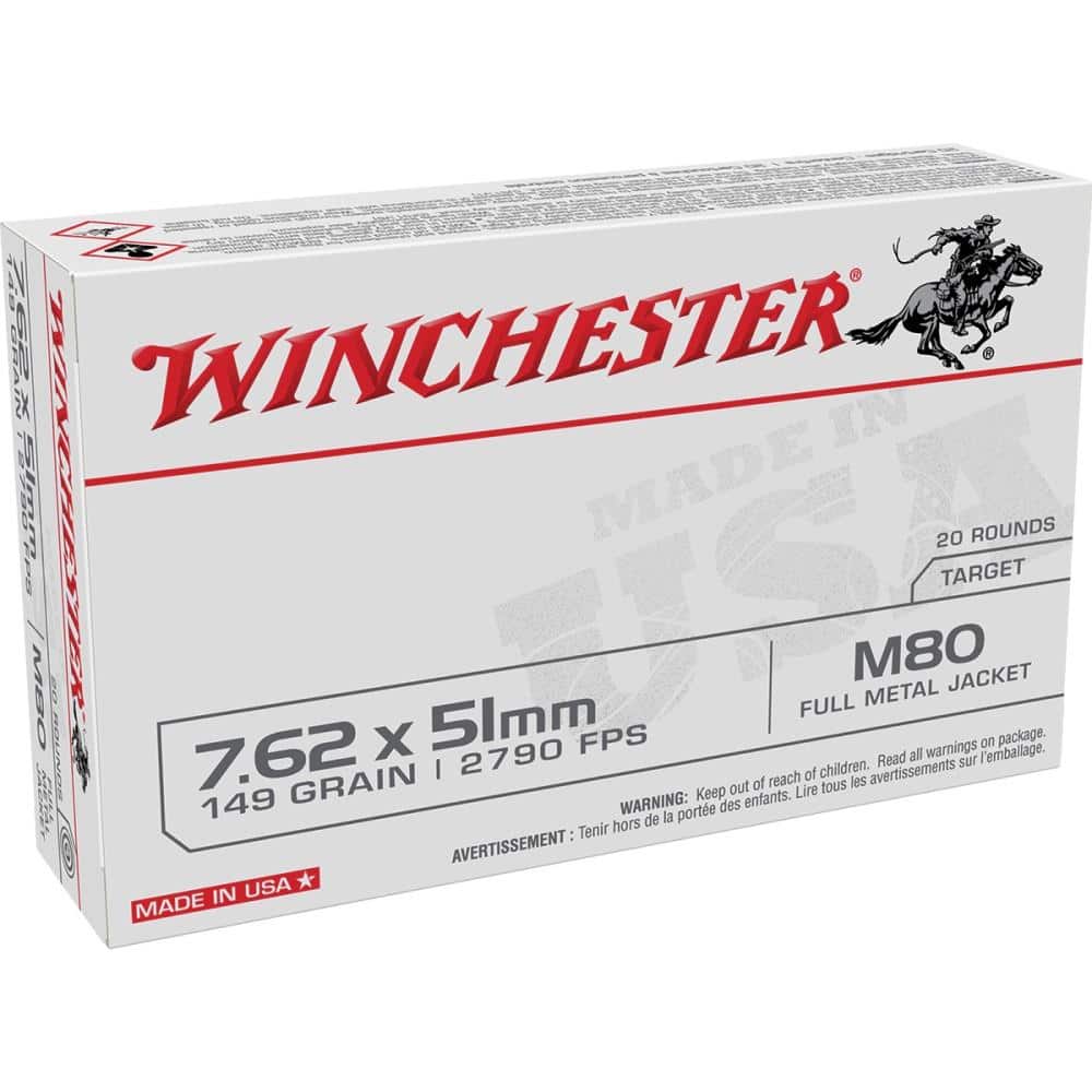 Winchester USA Lake City M80 Rifle Ammunition 7.62x51mm 149 gr. FMJ 2790 fps 500/ct