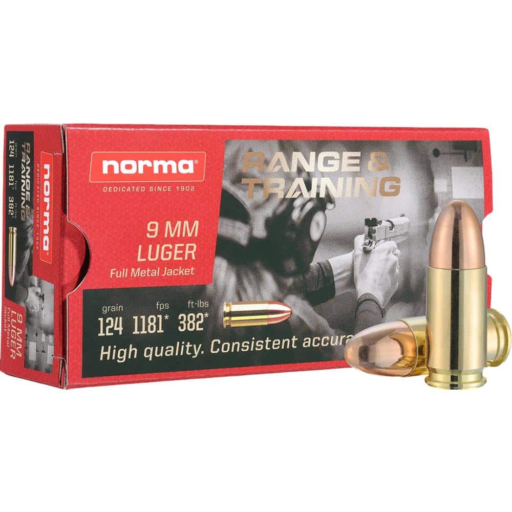 Norma Range and Training Handgun Ammunition 9mm Luger 124gr FMJ 1181 fps 50/ct