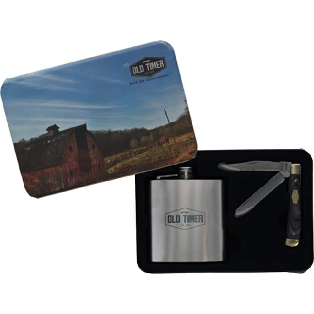 Old Timer 2-Blade Folding Knife and Flask Combo