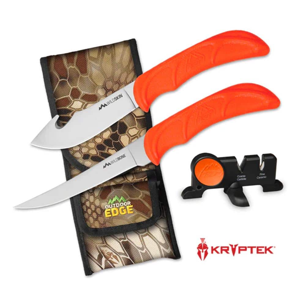 Outdoor Edge WildBone Two-Knife Combo with Sharpener 5" Boning Blade & 4" Skinner Blade Orange