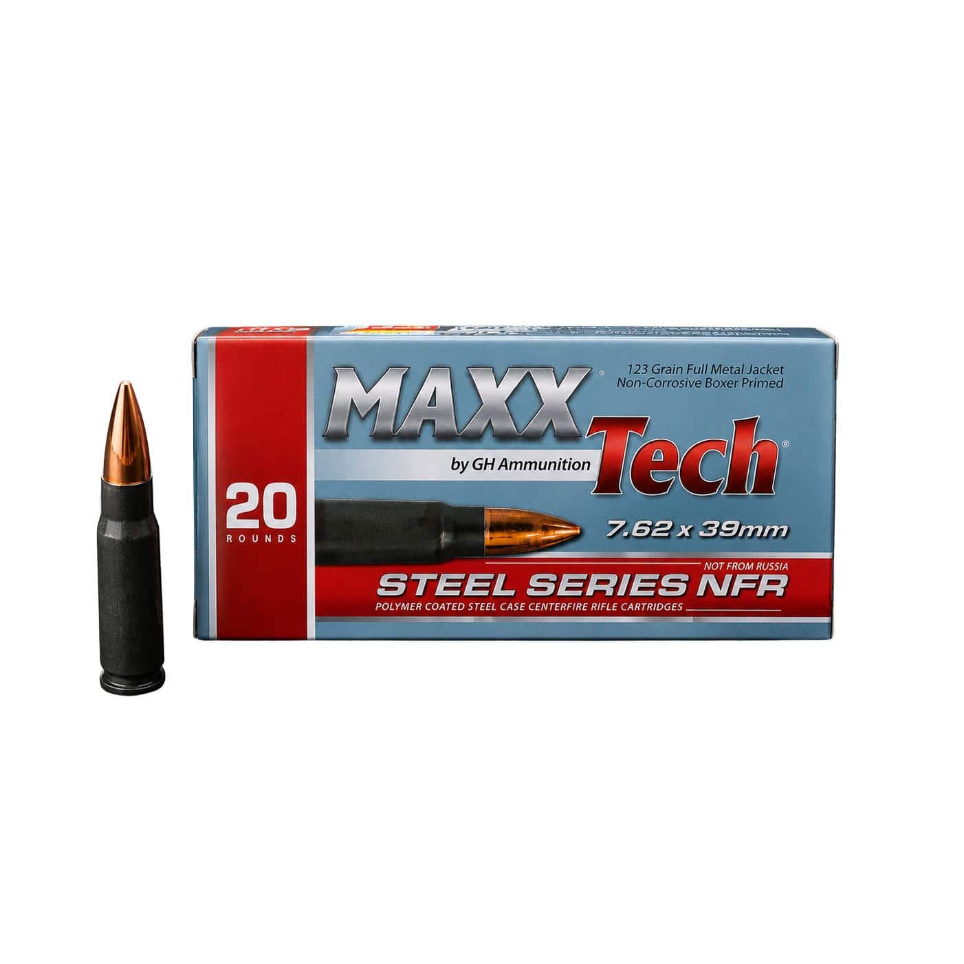 Maxxtech NFR Steel Case Rifle Ammunition 7.62x39mm 123gr FMJ Boxer Primed 2428 fps 20/ct