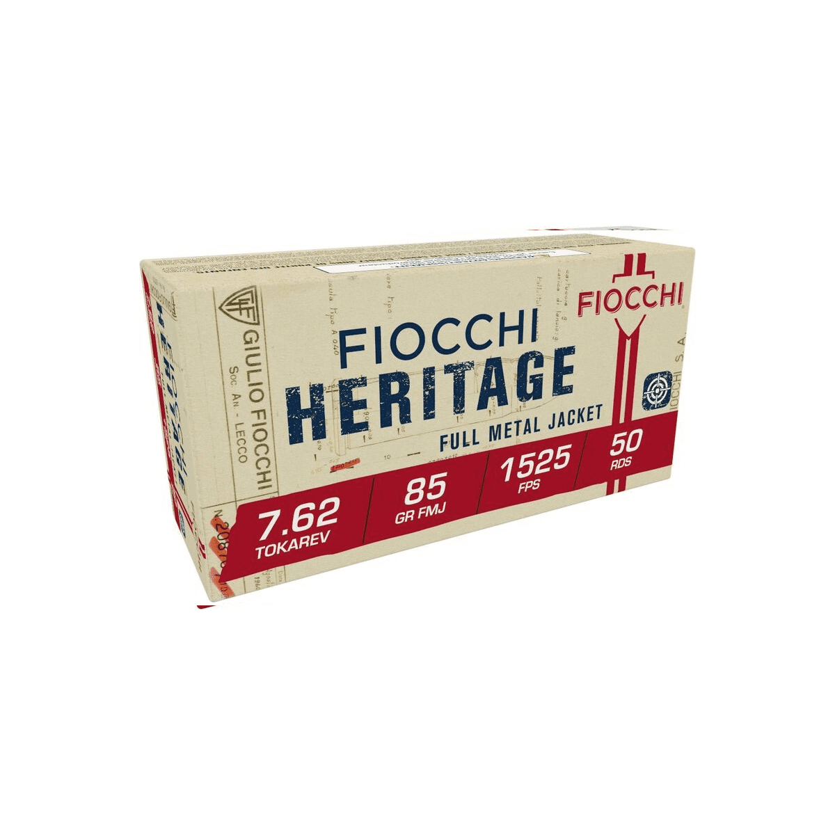 FIOCCHI Heritage Handgun Ammunition 7.62x25 Tokarev 85gr FMJ 1525 fps 50/ct