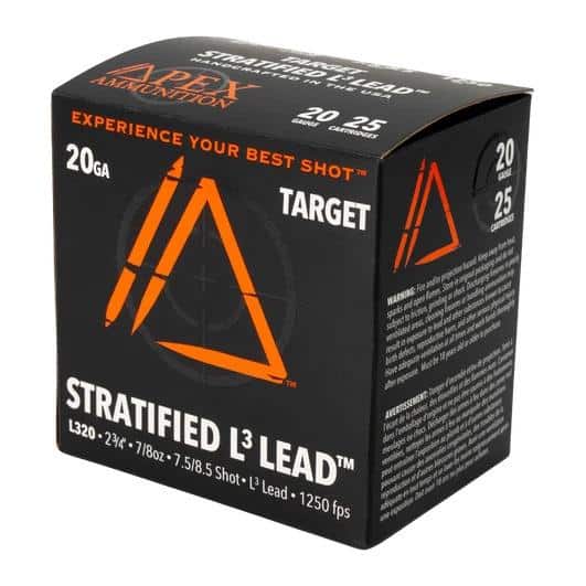 Apex Ammunition Target Stratified L3 Shotshells 20ga 2-3/4" 7/8oz 1250 fps #7.5 & #8.5 25/ct