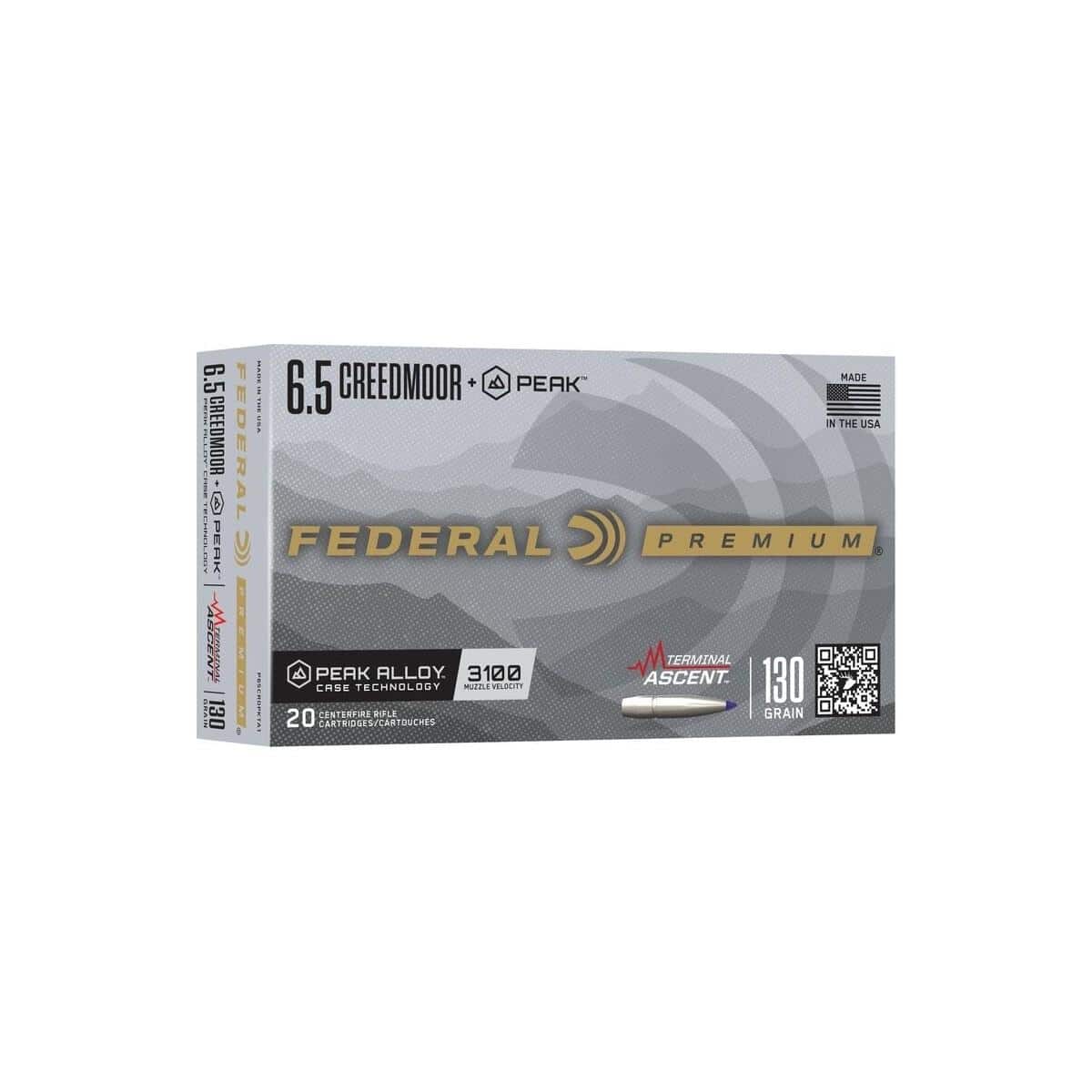 Federal Terminal Ascent Rifle Ammunition 6.5 Creedmoor +Peak 130gr PT 3100 fps 20/ct