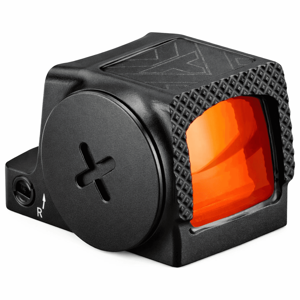 Compact enclosed micro red dot sight with orange tinted lens, matte black housing, and side adjustment dial