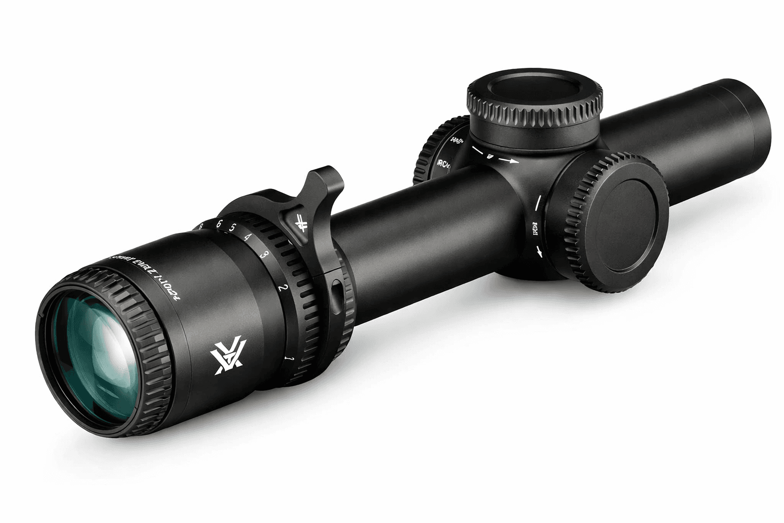 Low power variable rifle scope with green tinted objective lens, throw lever, and exposed adjustment turrets in matte black finish