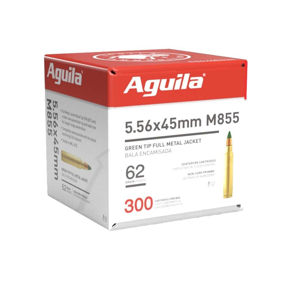 Aguila M855 Green Tip Rifle Ammunition 5.56mm 62gr FMJBT 3150 fps 300/ct