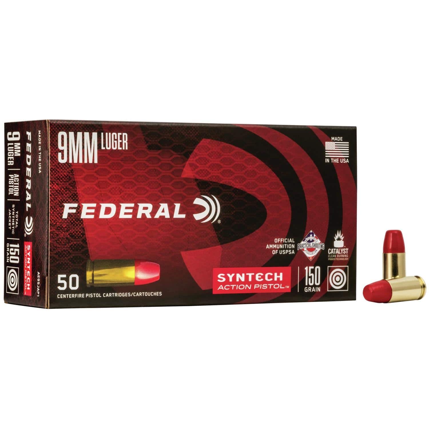 Federal American Eagle Syntech Handgun Ammunition 9mm Luger 150 gr TSJ 890 fps 50/ct