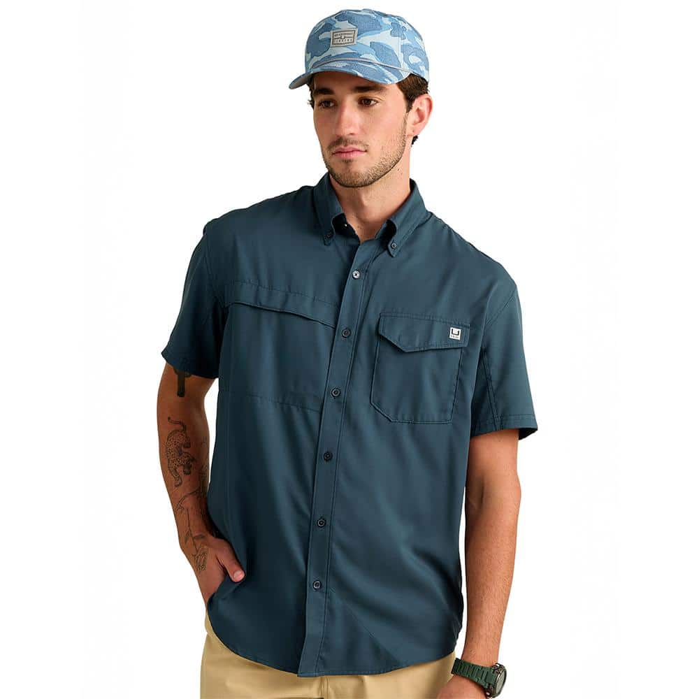 Huk Tide Point Short Sleeve Button Down Shirt Sea Storm S
