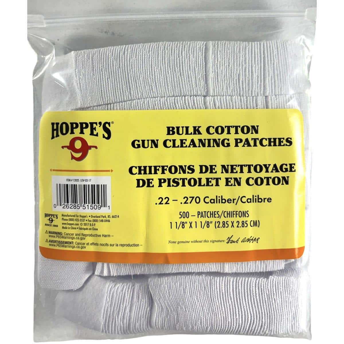 Hoppes .22-.270 Cal Gun Cleaning Patches 1-1/8" 500/ct Poly Bag