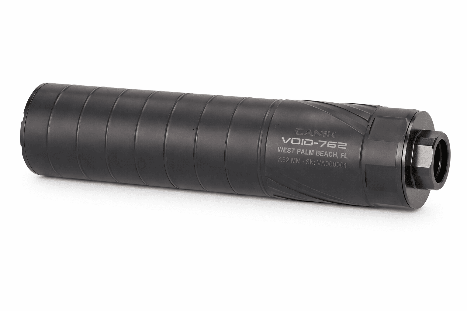 Canik VOID-762 suppressor 7.62mm rifle silencer matte black finish side profile with engraved markings and threaded mount