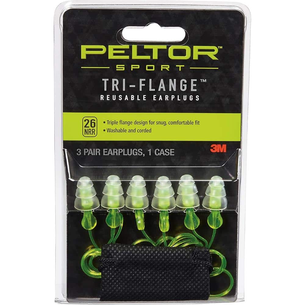 Peltor Sport Tri-Flange Corded Reusable Earplugs 26dB Neon Yellow 3/ct