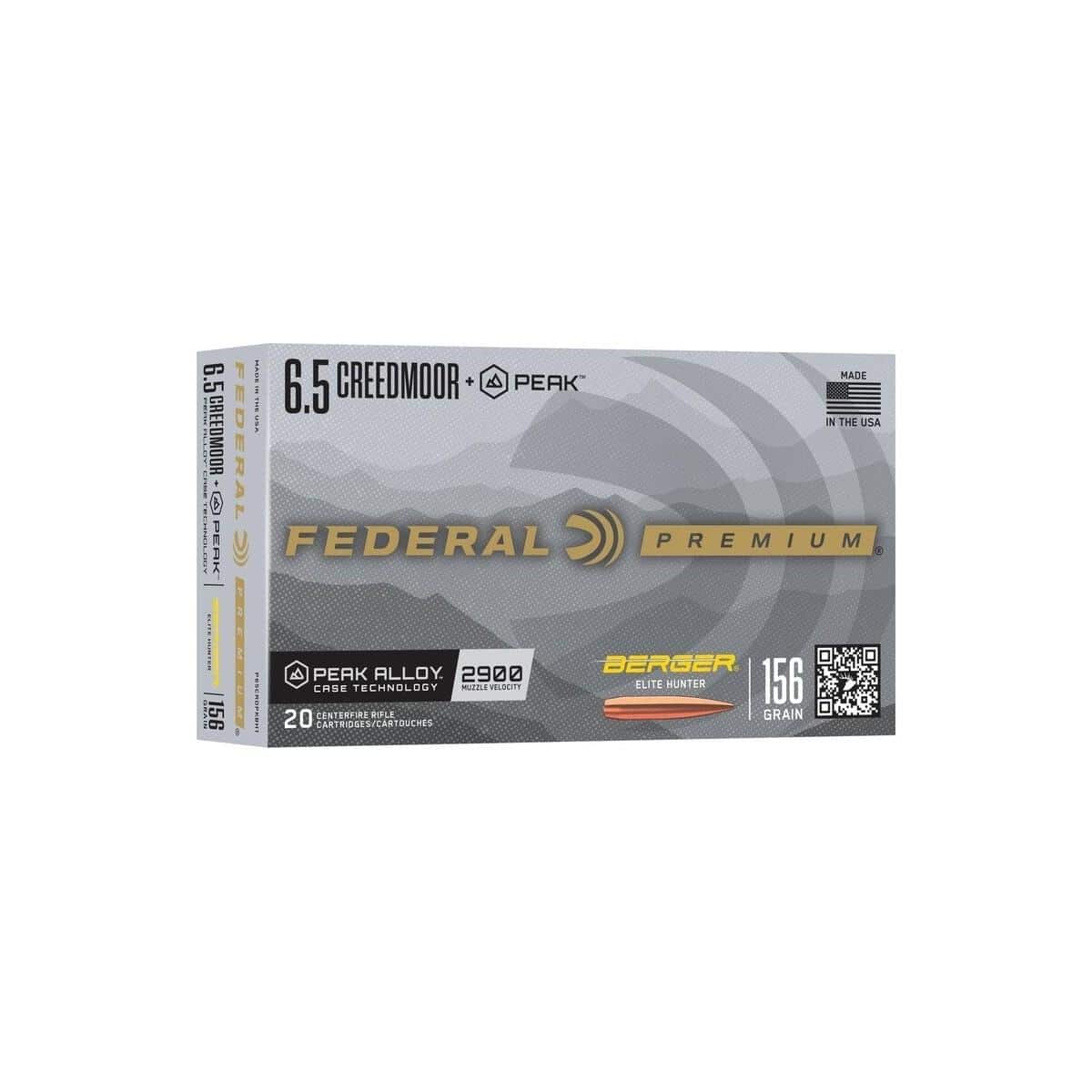 Federal Berger Elite Hunter Rifle Ammunition 6.5 Creedmoor +Peak 156gr OTM 2900 fps 20/ct