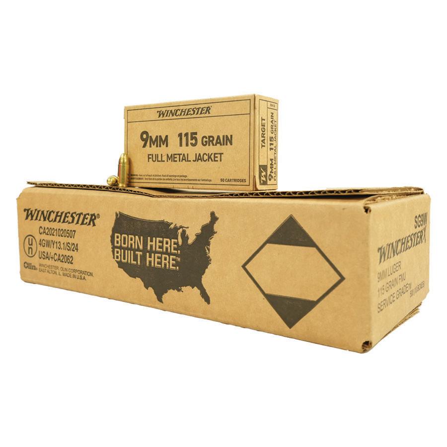 Winchester Service Grade Handgun Ammunition 9mm Luger 115 gr. FMJ 1300 fps 50/ct Picture of Winchester Ammunition 9mm Service Grade 115gr FMJ 50 RD Box
