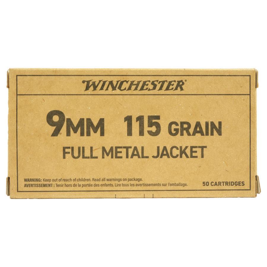 Winchester Service Grade Handgun Ammunition 9mm Luger 115 gr. FMJ 1300 fps 50/ct Picture of Winchester Ammunition 9mm Service Grade 115gr FMJ 50 RD Box
