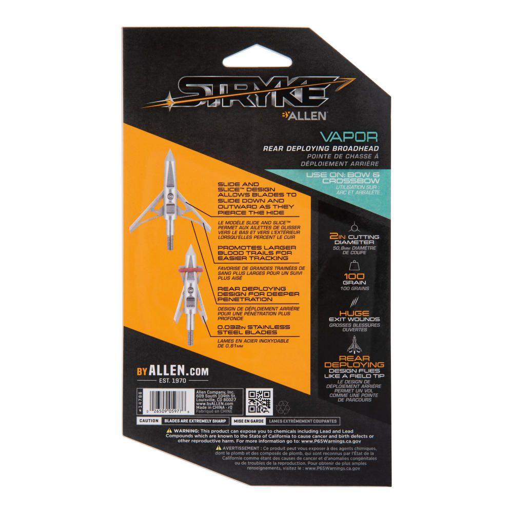 Allen Stryke Vapor Rear Deploying Broadhead 2 Blade 100 Grain 3/ct Picture of The Allen Company Inc. ALLEN REAR DEPLOYING BROADHEAD 100GR 3PK