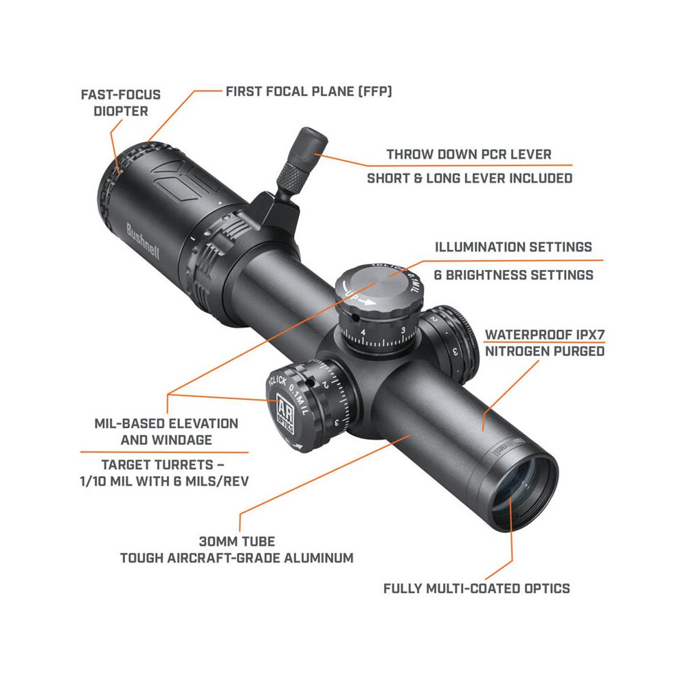 Bushnell AR Rifle Scope - 1-4x24mm Illuminated BTR-1 Reticle Black Matte Picture of Bushnell Riflescope 1-4X24 AR OPTICS ILL BTR-1 BOX 6L