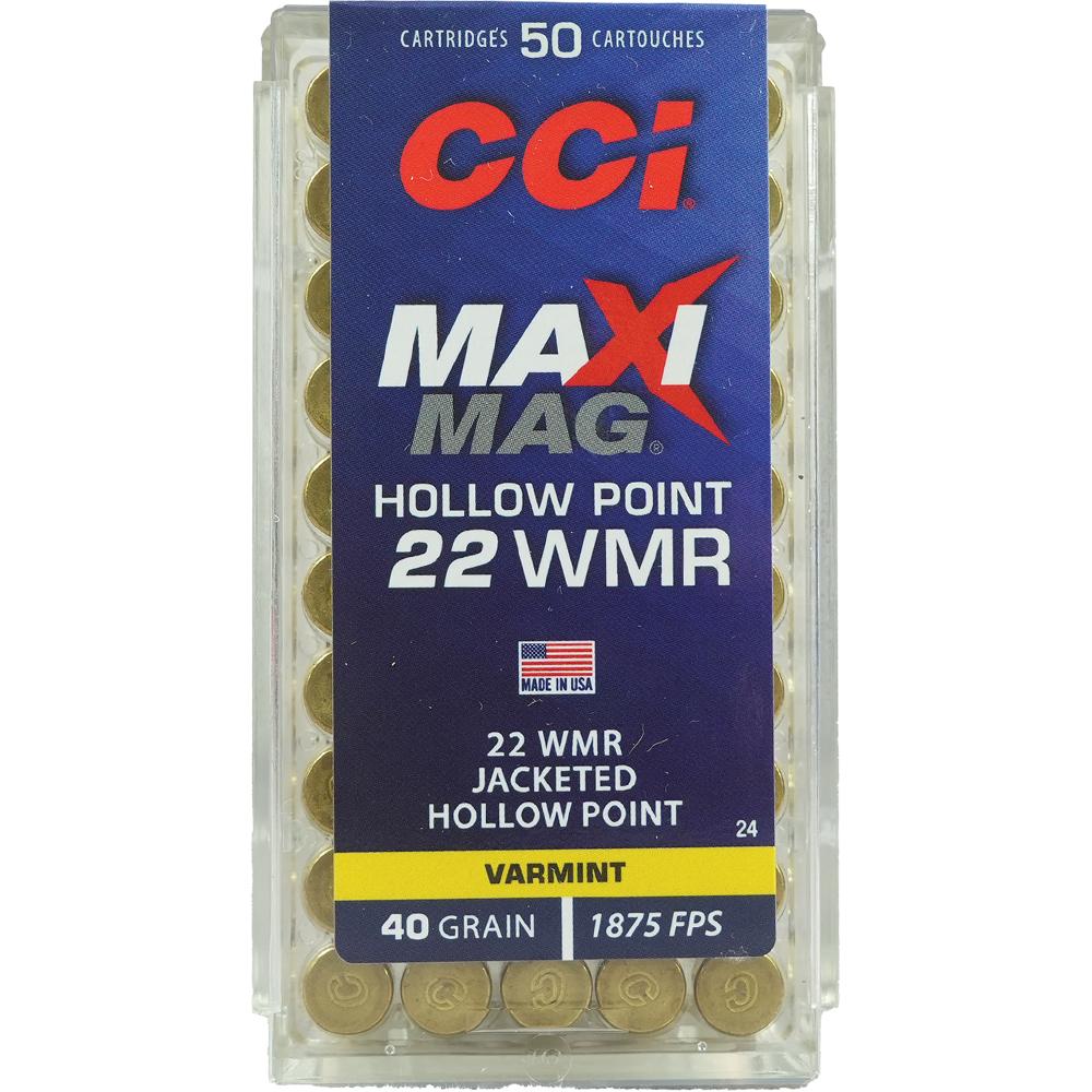 CCI Maxi-Mag Rimfire Ammunition .22 WMR 40 gr JHP 1875 fps 50/ct Picture of Cci CCI WMR MAXI MAG 40GR JHP AMMO 50RD