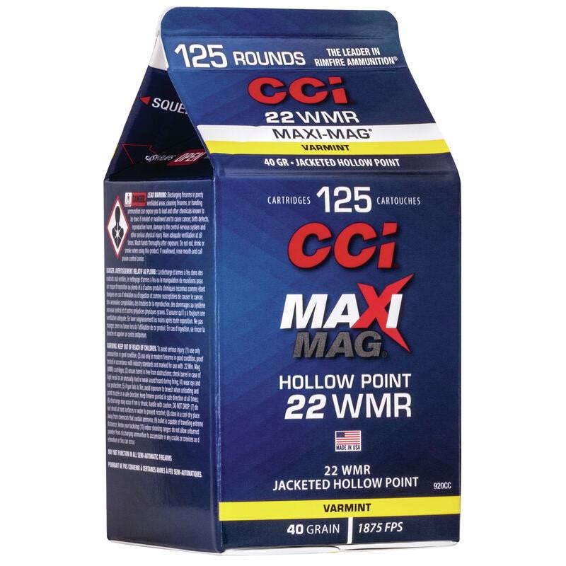 CCI Maxi Mag Rimfire Ammunition .22 WMR 40 gr. JHP 1875 fps 125/ct Picture of Cci CCI 22 WMR HP MAXI MAG AMMO 125CT POUR PACK