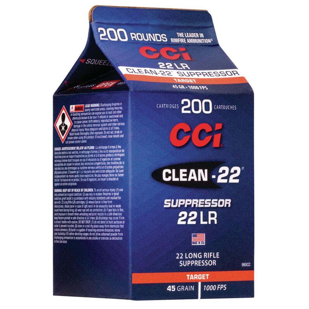 CCI Clean-22 Suppressor Rimfire Ammunition .22 LR 45 gr LRN 1000 fps 200/ct Picture of Cci CCI 22 LR SUPPRESSOR CLEAN-22 BLK 45GR LRN AMMO 200RD