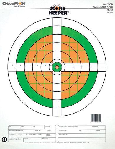 Champion Scorekeeper Targets - Fluorescent Orange & Green Bull - 100 yd. Small Bore Rifle (12-Pack) Picture of Champion 100 YD SM BORE RIFLE FLOURESCENT 12/PK
