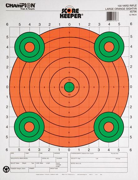 Champion Scorekeeper Targets Fluorescent Orange & Green Bull - 100 yd. Rifle Sight-In 12/Pack Picture of Champion 100 YD RIFL LG ORG SIGHT IN 12PK
