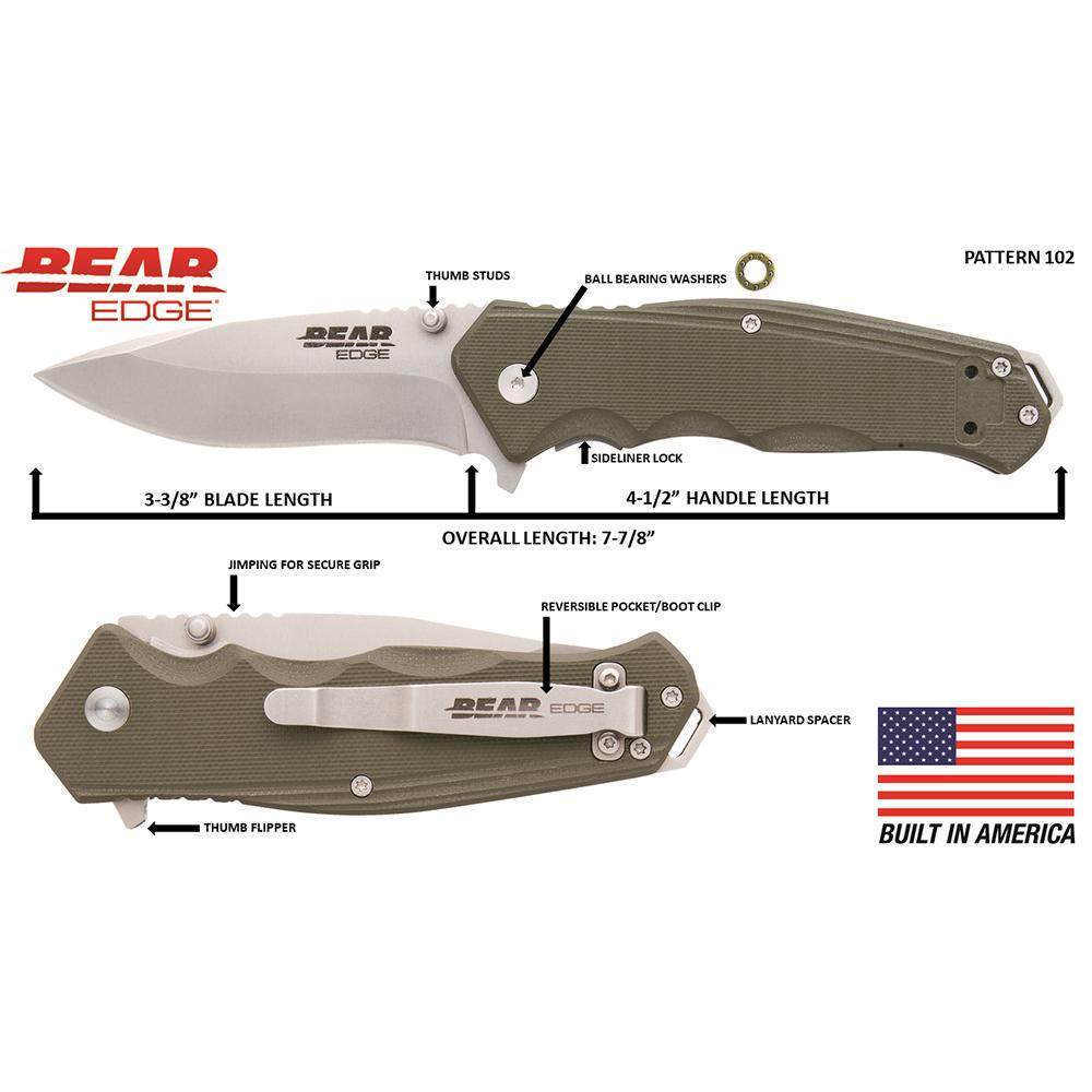 Bear & Son G10 Sideliner Folding Knife 3-3/8" Drop Point Blade OD Green with Trigger Boxed Picture of Bear & Son Cutlery BEAR & SON 4 1/2'' OD GREEN G10 SIDELINER W/TRIGGER & BALL BEARING WASHERS