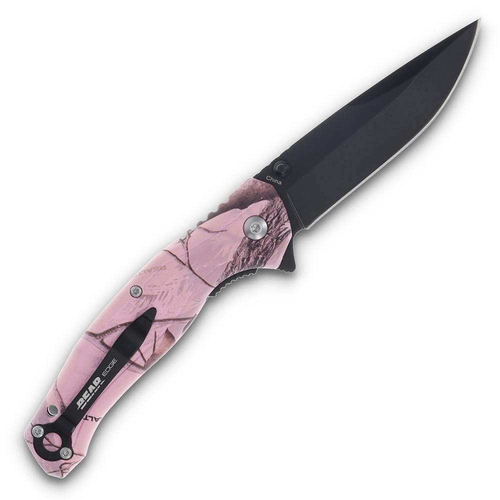 Bear & Son Edge Brisk 2.0 Folding Knife & Sharpener Combo Drop Point Blade Pink Camo Picture of Bear & Son Cutlery Bear & Son Brisk 2.0 / Sharpener Combo Pink Camo