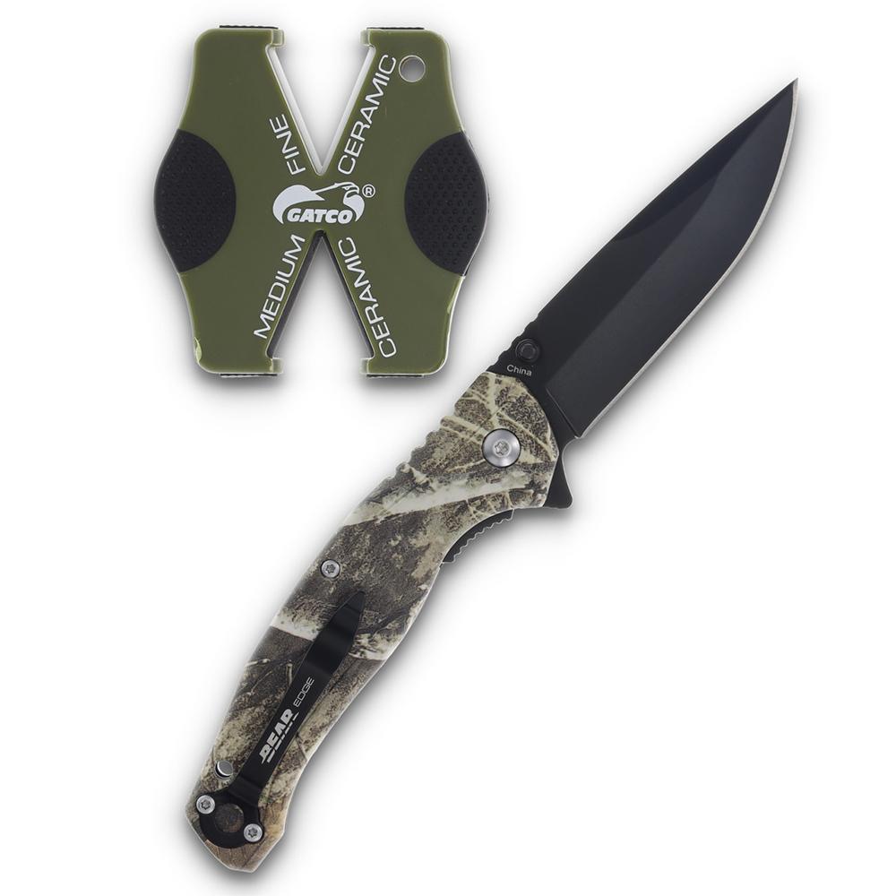 Bear & Son Edge Brisk 2.0 Folding Knife & Sharpener Combo Drop Point Blade Brown Camo Picture of Bear & Son Cutlery Bear & Son Brisk 2.0 / Sharpener Combo Brown Camo