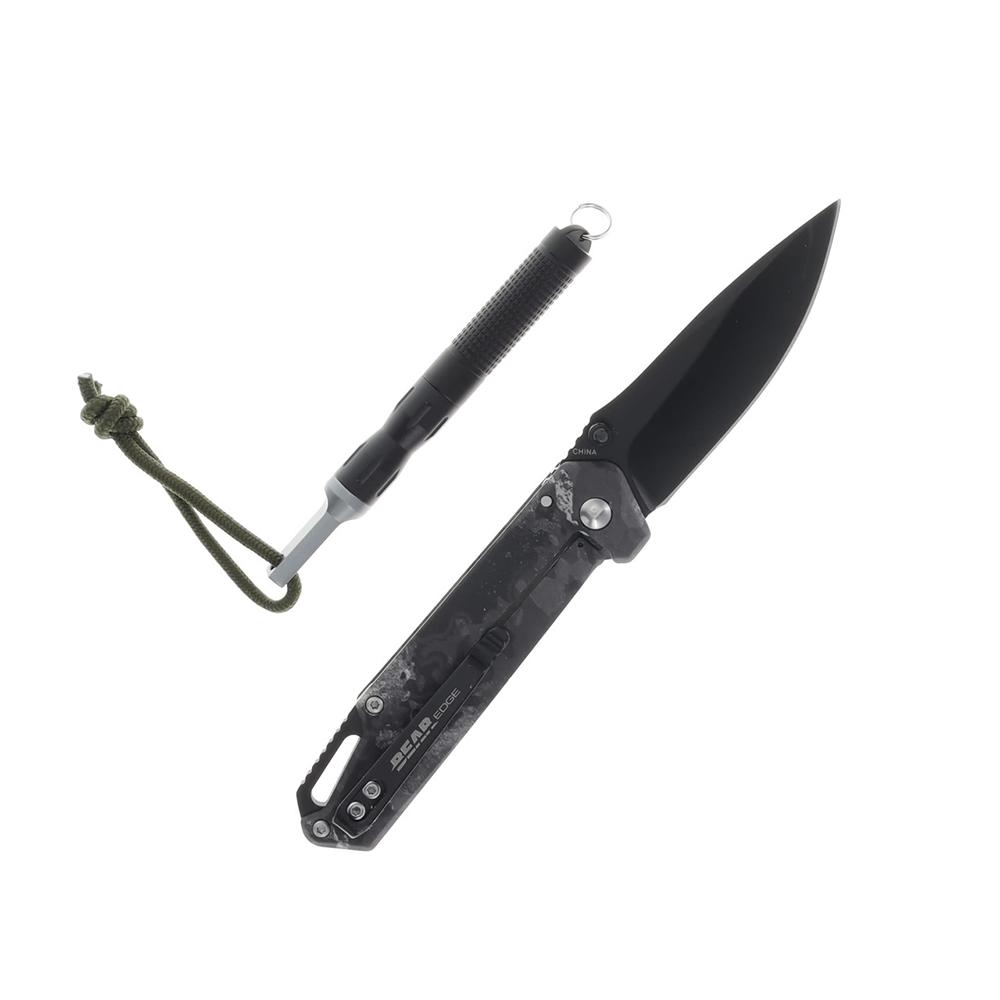 Bear & Son Edge Folding Knife 3-1/2" Drop Point Blade Truetimber Midnight Camo Picture of Bear & Son Cutlery BEAR & SON FRAME LOCK FOLDER W WATERPROOF FIRESTARTER BLK/GRY
