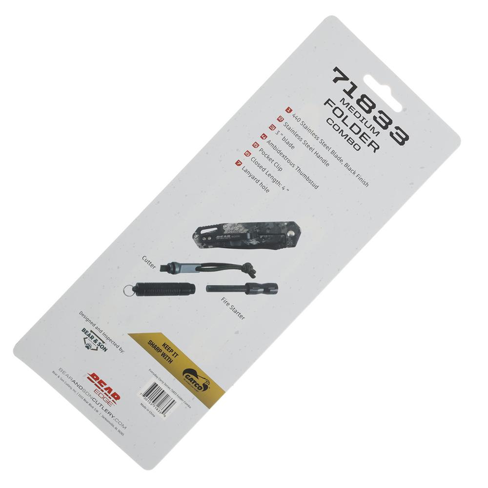 Bear & Son Edge Folding Knife 3-1/2" Drop Point Blade Truetimber Midnight Camo Picture of Bear & Son Cutlery BEAR & SON FRAME LOCK FOLDER W WATERPROOF FIRESTARTER BLK/GRY