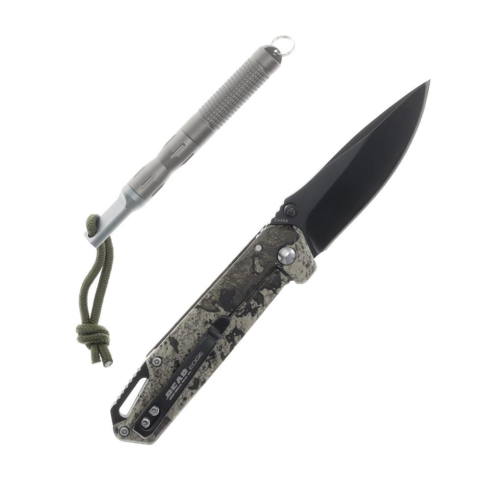 Bear & Son Edge Folding Knife 3" Drop Point Blade Truetimber Strata Picture of Bear & Son Cutlery BEAR & SON FRAME LOCK FOLDER W WATERPROOF FIRESTARTER TAN
