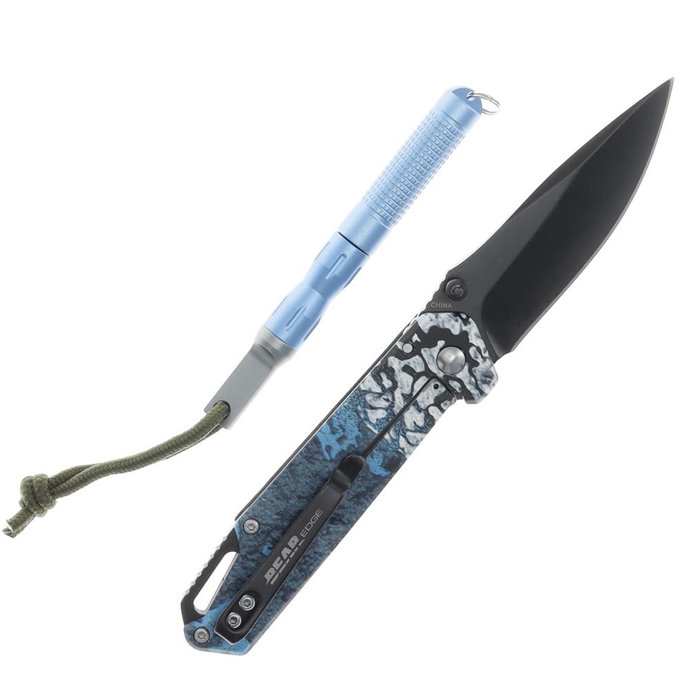 Bear & Son Edge Folding Knife 3" Drop Point Blade Truetimber Rift Picture of Bear & Son Cutlery BEAR & SON FRAME LOCK FOLDER W WATERPROOF FIRESTARTER BLUE