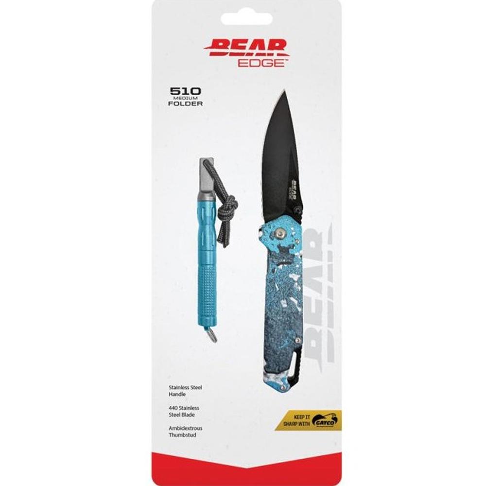 Bear & Son Edge Folding Knife 3" Drop Point Blade Truetimber Rift Picture of Bear & Son Cutlery BEAR & SON FRAME LOCK FOLDER W WATERPROOF FIRESTARTER BLUE