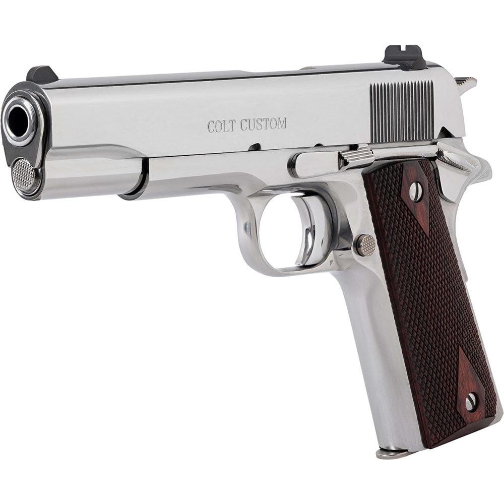 Colt 1911 Gov't Handgun .45 ACP 8rd Magazine 5" Barrel Polished Stainless with Wood Grips Picture of Colt Manufacturing Colt Government Model .45 ACP 5in Brl Bright Stainless