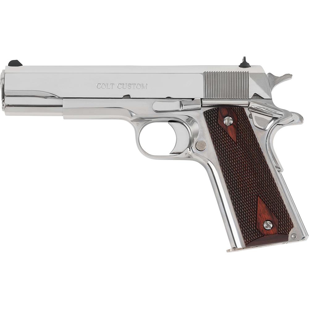 Colt 1911 Gov't Handgun .38 Super 9rd Magazine 5" Barrel Polished Stainless with Wood Grips Picture of Colt Manufacturing Colt Government Model .38 SUP 5in Brl Bright Stainless