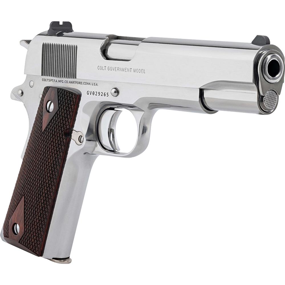 Colt 1911 Gov't Handgun .38 Super 9rd Magazine 5" Barrel Polished Stainless with Wood Grips Picture of Colt Manufacturing Colt Government Model .38 SUP 5in Brl Bright Stainless