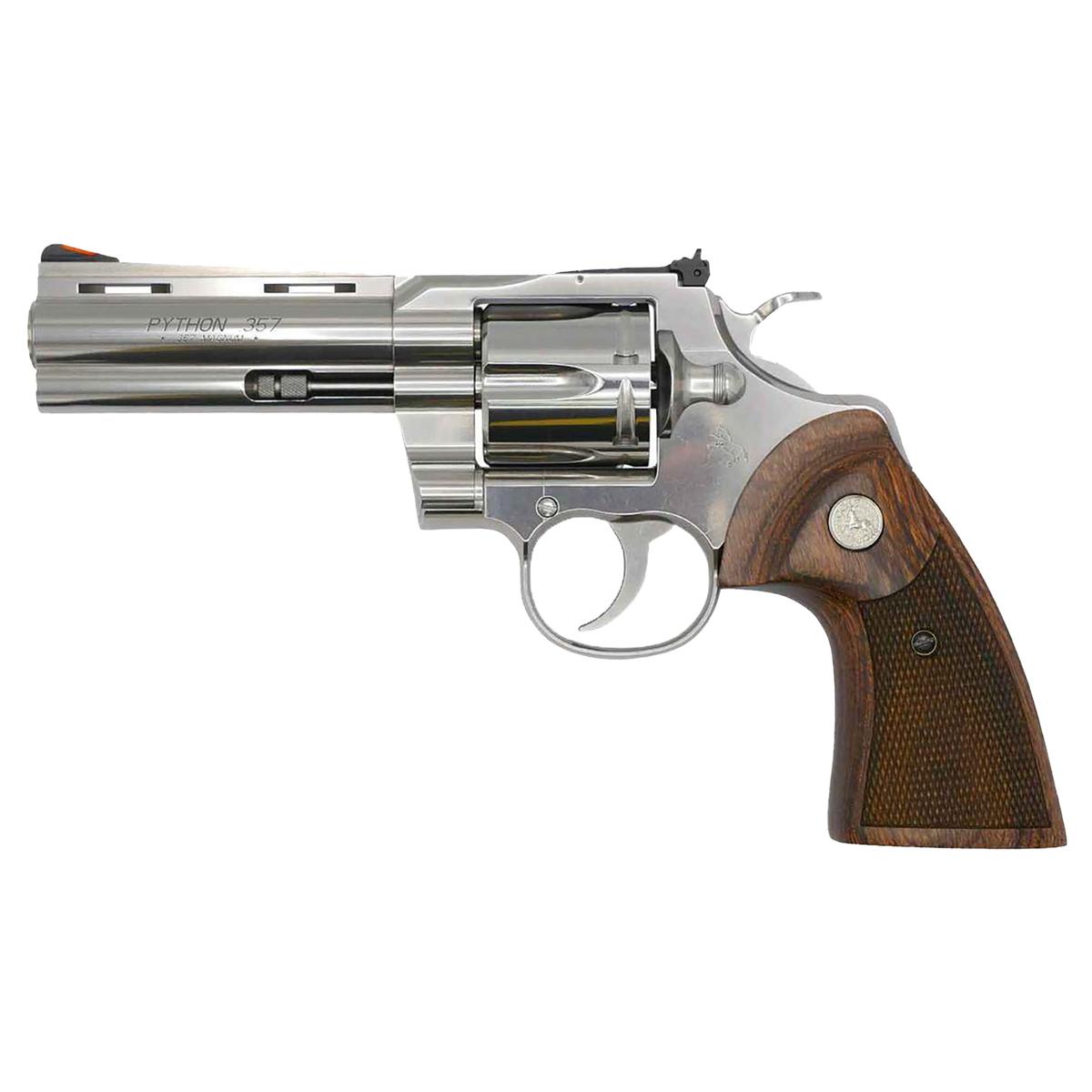 Colt Python Handgun .357 Mag 6rd Capacity 5" Barrel Stainless Finish Walnut Target Wood Grips CA Compliant Picture of Colt Manufacturing Colt Python 5in .357 Mag - 6rd - Walnut Target Stocks