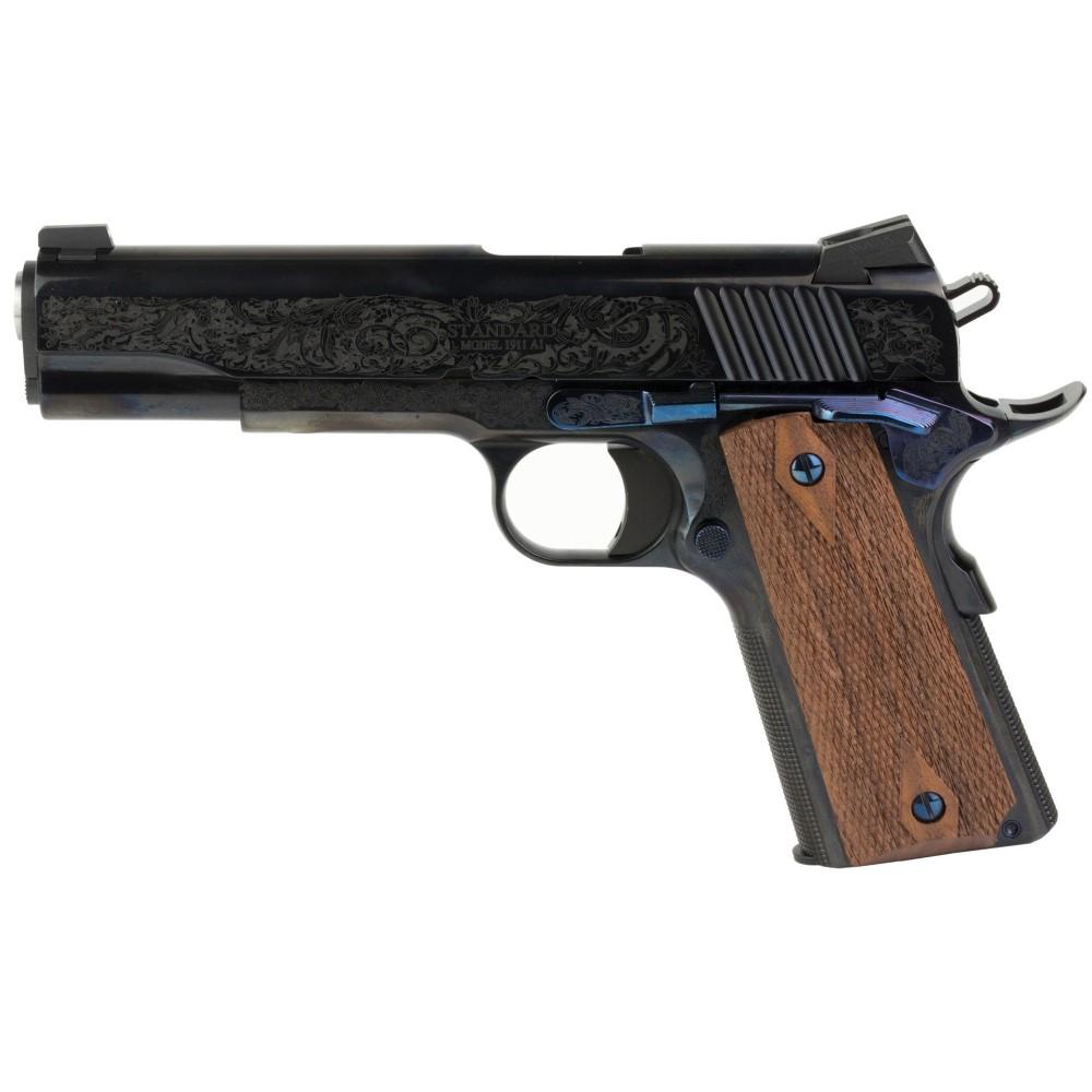 Standard Mfg 1911 Handgun .45 ACP 7rd Magazine 5" Barrel Black and Royal Blue Engraving with Brown Grips Picture of Standard MFG Co LLC Standard Mfg 5" 1911 Royal Blue with Factory #1 Engraving 45acp
