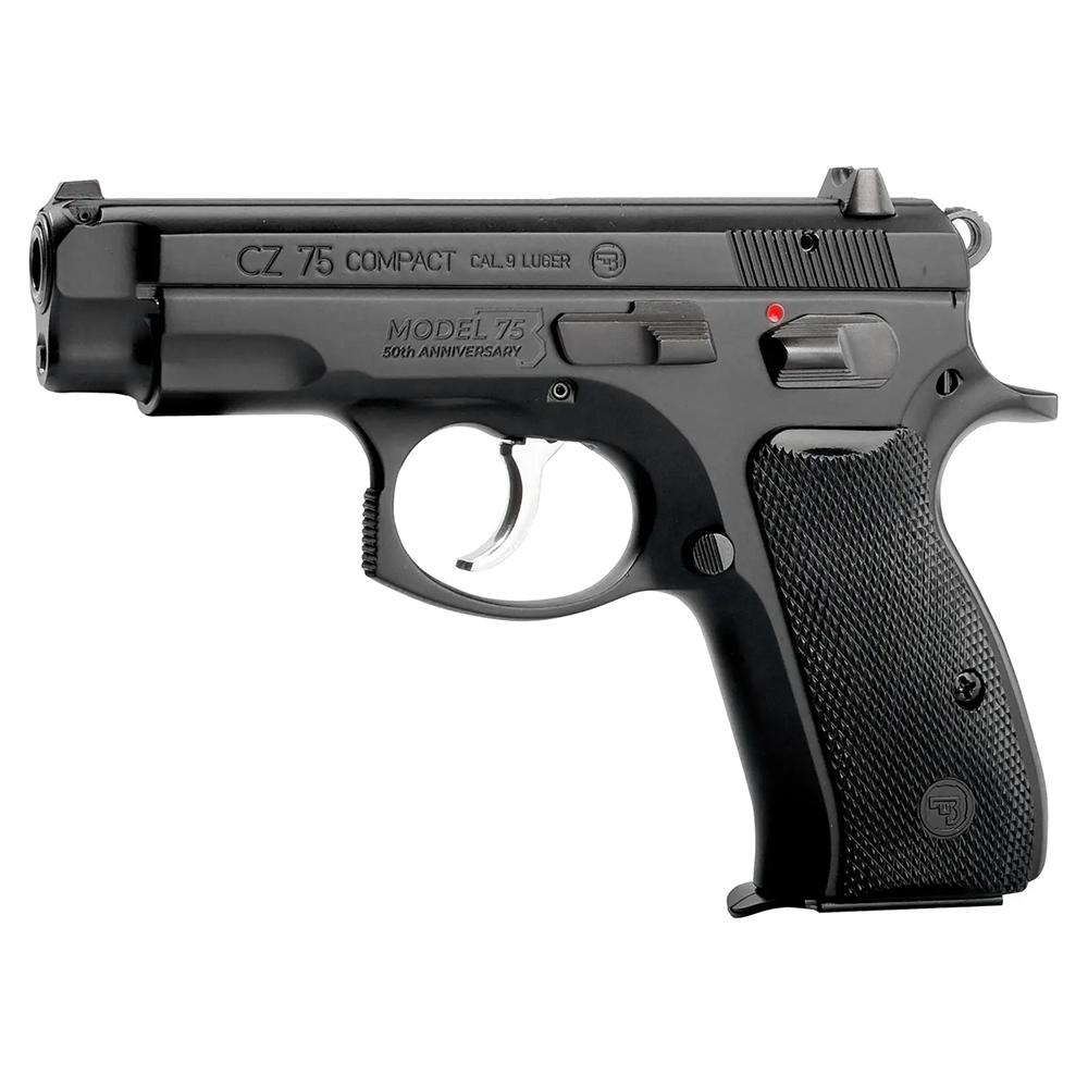 CZ USA CZ 75 Compact 50th Anniversary Elite Handgun 9mm Luger 10rd Magazines (2) 3.75" Barrel Black Picture of Cz-Usa Firearms CZ 75 COMPACT 50TH ELITE 9MM 10RD BLK STEEL FS MAN SAFETY BLK PLASTIC GRIP